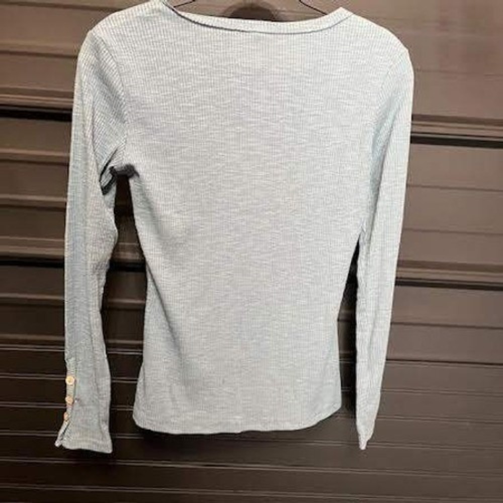 Womens Blue Long Sleeve Top Henley T Shirt Casual Button Ribbed Knit Blouse‎ - Picture 2 of 4